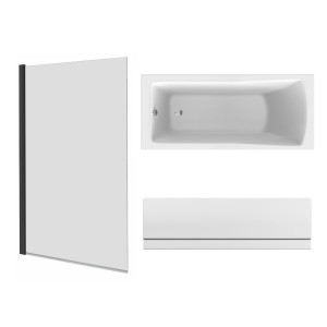 Sawley 1600 x 700mm Straight Bath Single Ended with Front Panel and Square Black Bath Screen