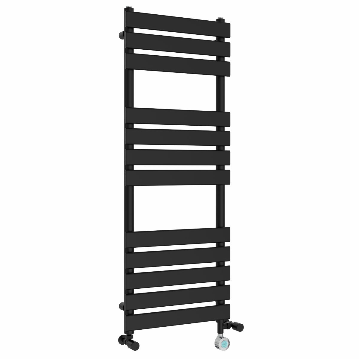Juva 1200 x 450mm Dual Fuel Satin Black Flat Panel Thermostatic Touch Control Wifi Electric Heated Towel Rail