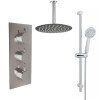 Thurso Chrome Triple Round Handle Concealed Valve Bulit in Diverter with 200mm Round Shower Head, Ceiling Arm and Chrome Riser Rail Kit (3 Outlet)