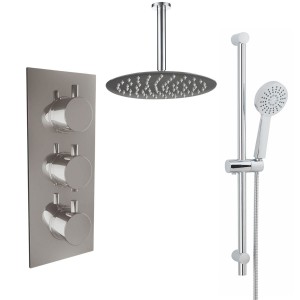 Thurso Chrome Triple Round Handle Concealed Valve Bulit in Diverter with 200mm Round Shower Head, Ceiling Arm and Chrome Riser Rail Kit (3 Outlet)