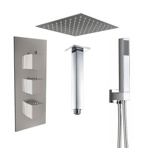 Beauly Chrome Triple Square Handle Concealed Valve Built in Diverter with 200mm Square Shower Head, Hand Shower and Ceiling Arm (3 Outlet)