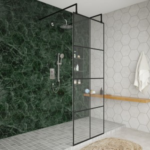 Wasdale 760mm Black Grid Walk Through Wet Room Screen With L-Shape Support Arms