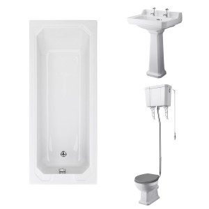 Wellington High Level Toilet with Grey Seat & 600mm 2 Tap Hole Basin with 1700 x 700mm Traditional Straight Bath Single Ended
