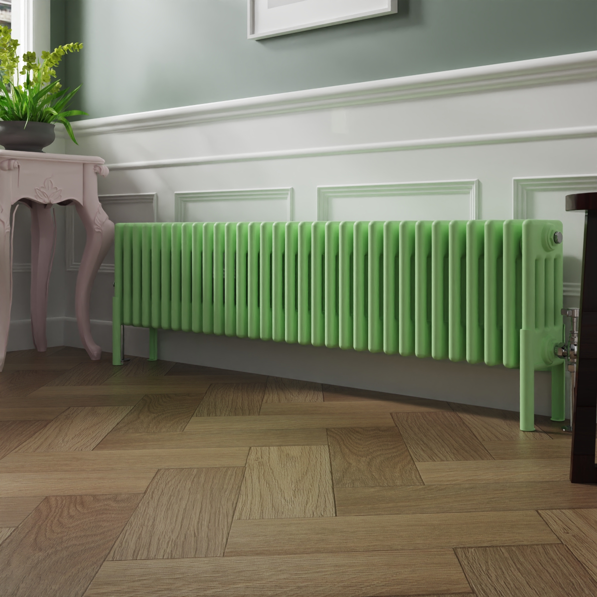 Bern 300 x 1460mm Traditional Pastel Green Horizontal Four Column Radiator
