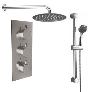 Thurso Chrome Triple Round Handle Concealed Valve Bulit in Diverter with 300mm Round Shower Head and Riser Rail Kit (3 Outlet)