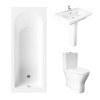 Essentials 1500 x 700mm Straight Bath Single Ended Bathroom Suite with RAK-Resort Maxi Close Coupled Closed Back Rimless Toilet and 650mm Full Pedestal Basin-With Front Bath Panel
