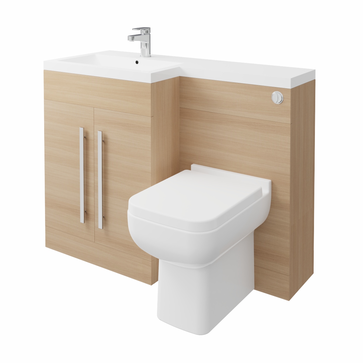 Calm Light Oak Left Hand Combination Vanity Unit Basin L Shape with Back to Wall Feel 600 Toilet & Soft Close Seat & Concealed Cistern - 1100mm