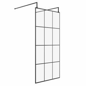 Wasdale 1000mm Black Grid Walk Through Wet Room Screen With L-Shape Support Arms