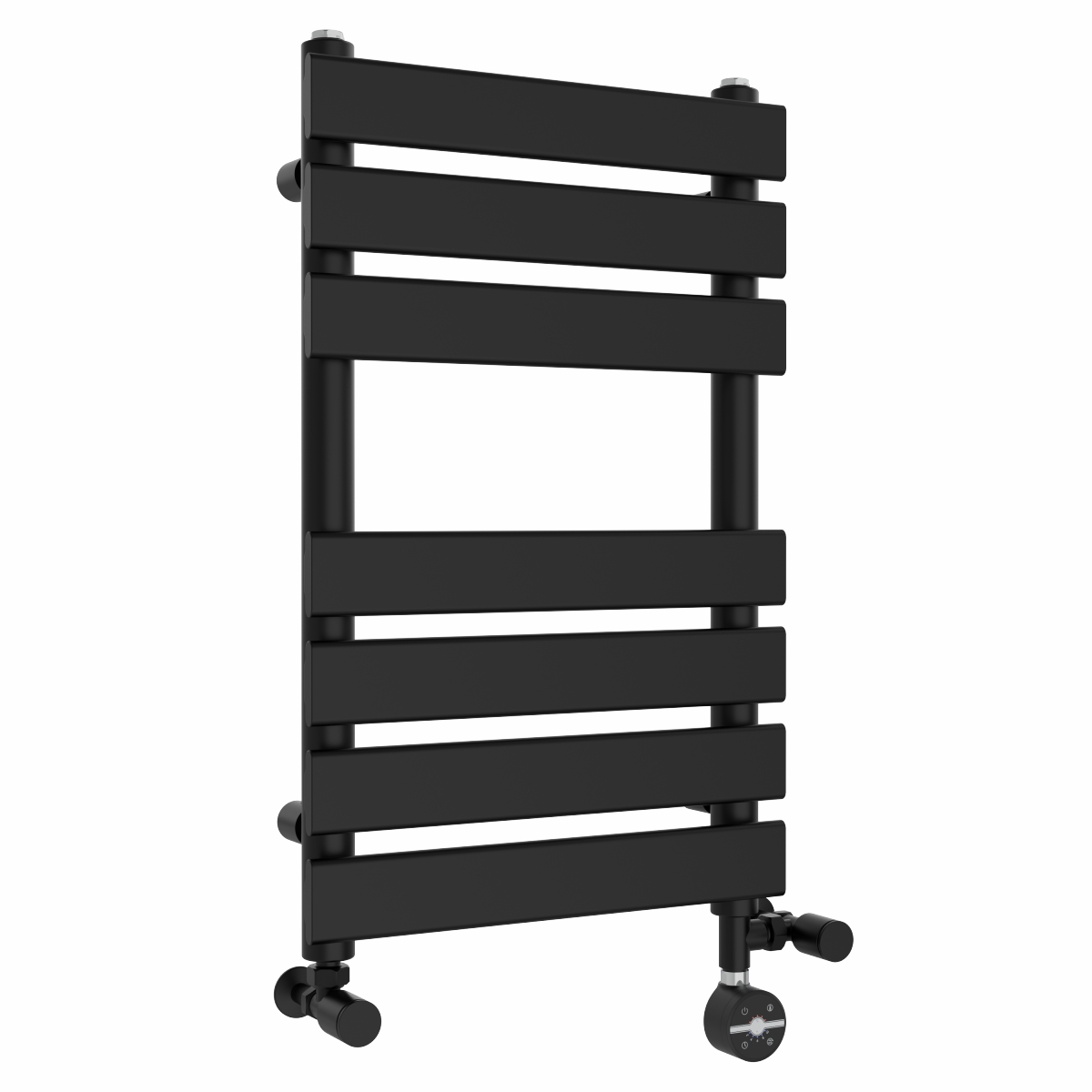 Juva 650 x 400mm Dual Fuel Satin Black Flat Panel Thermostatic Touch Control Electric Heated Towel Rail