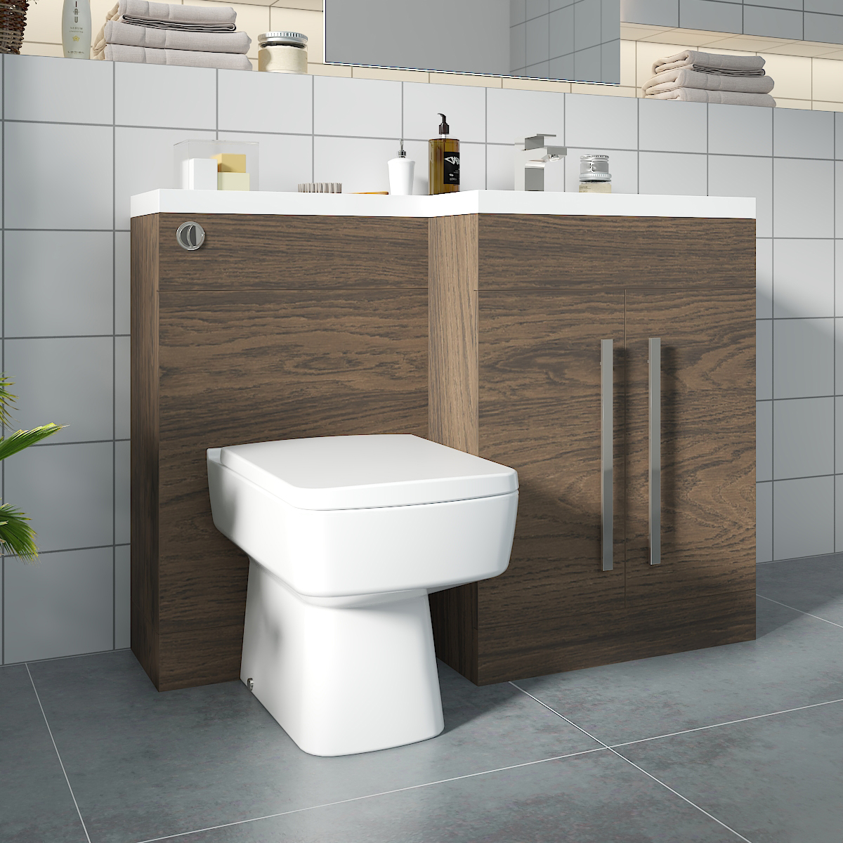 Calm Walnut Right Hand Combination Vanity Unit Basin L Shape with Back to Wall Boston Toilet & Soft Close Seat & Concealed Cistern - 1100mm