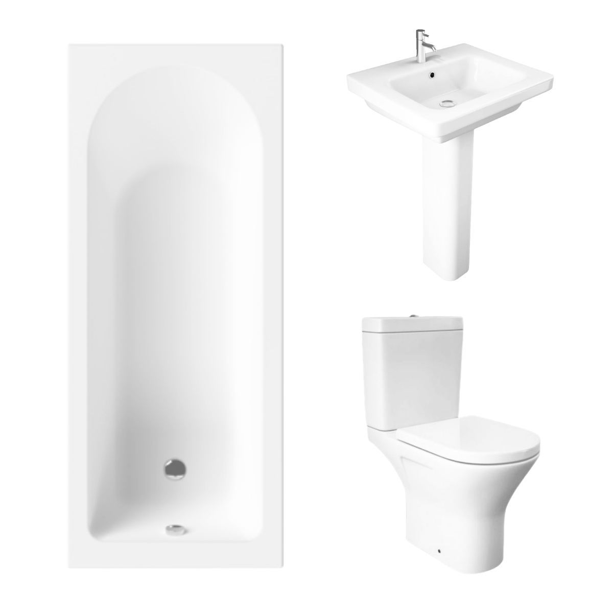 Essentials 1500 x 700mm Straight Bath Single Ended Bathroom Suite with RAK-Resort Mini Close Coupled Open Back Rimless Toilet and 550mm Full Pedestal Basin - Including Bath Panels