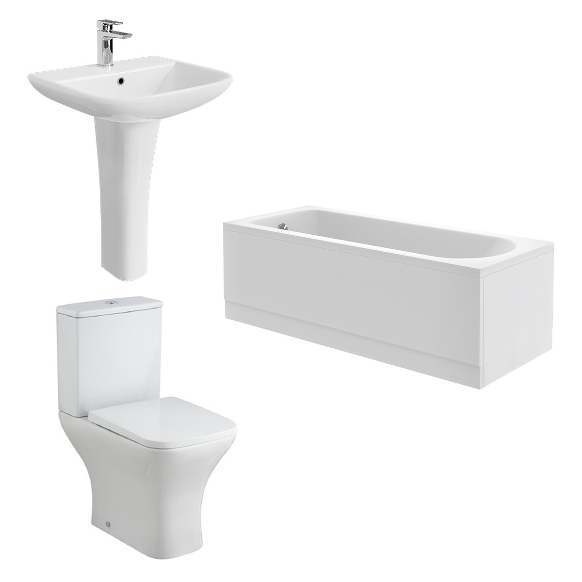 Feel Curved Modern Bathroom Suite with Close Coupled Toilet and Essential Single Ended Bath 1700 x 700mm - Front & End Bath Panel Included