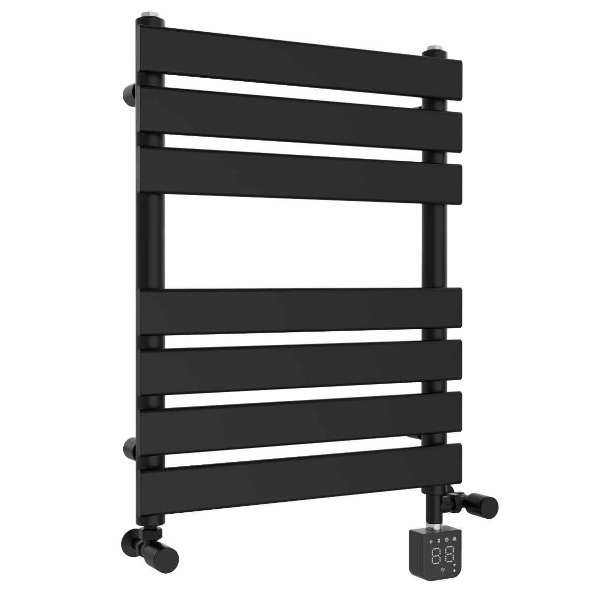 Juva 650 x 500mm Dual Fuel Satin Black Flat Panel Thermostatic Touch Control Wifi Electric Heated Towel Rail