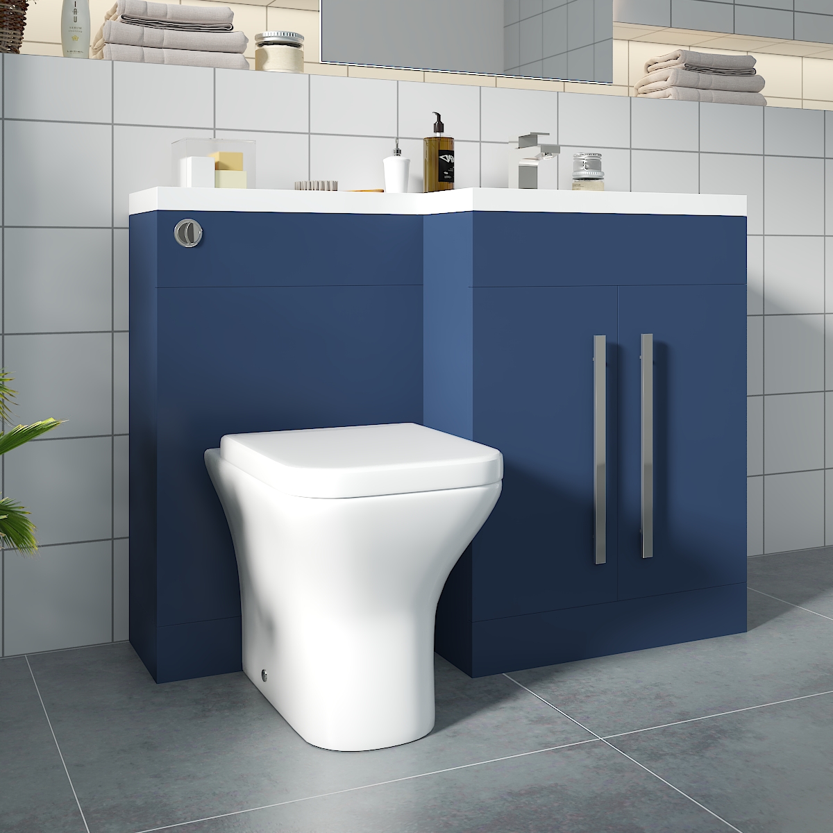 Calm Matt Blue Right Hand Combination Vanity Unit Basin L Shape with Back to Wall Feel Curved Toilet & Soft Close Seat & Concealed Cistern - 1100mm