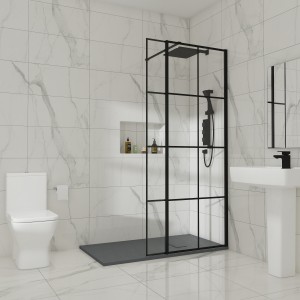 Wasdale 900mm Wet Room Screen with 200mm Hinged Wet Room Return Screen - Black Grid