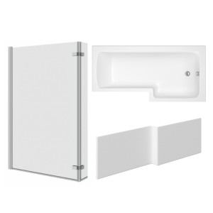 Leyland 1700mm L Shape Shower Bath Right Hand with Front Panel and Chrome L Shape Bath Screen with Hinged Return