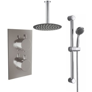 Thurso Chrome Twin Round Handle Concealed Valve Built in Diverter with 300mm Round Shower Head, Ceiling Arm and Riser Rail Kit (2 Outlet)