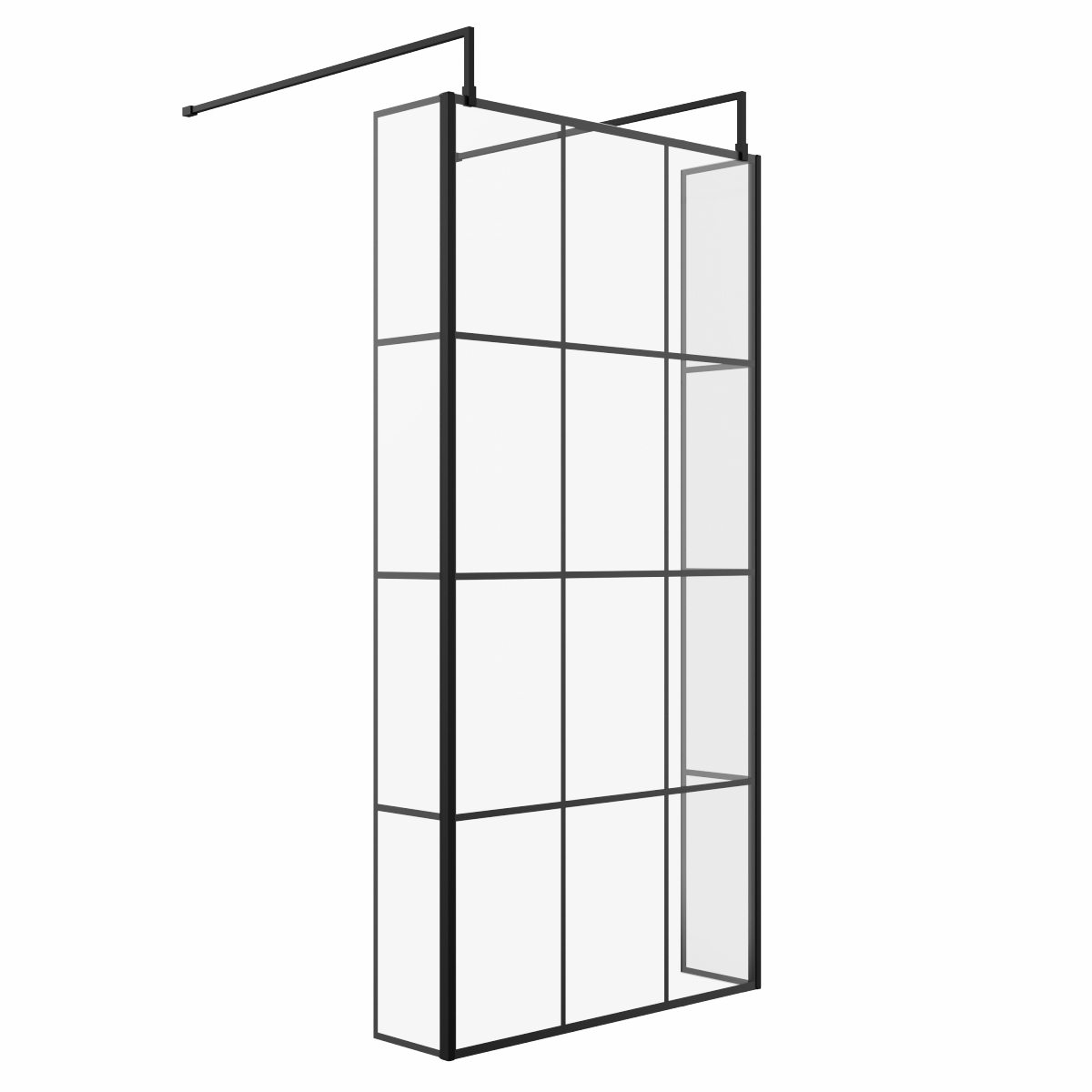 Wasdale 1000mm Black Grid Walk Through Wet Room Screen with 215mm Hinged Return Screens & L- Shape Support Arms