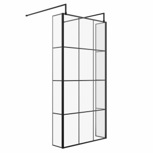 Wasdale 1000mm Black Grid Walk Through Wet Room Screen with 215mm Hinged Return Screens & L- Shape Support Arms