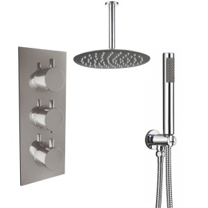 Thurso Chrome Triple Round Handle Concealed Valve Bulit in Diverter with 300mm Round Shower Head, Ceiling Arm and Hand Shower (3 Outlet)