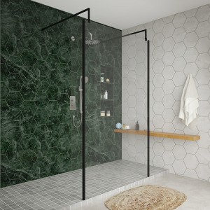 Wasdale 1200mm Black Walk Through Wet Room Screen with 215mm Hinged Return Screens & L- Shape Support Arms