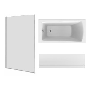 Sawley 1400 x 700mm Straight Bath Single Ended with Front Panel and Square Chrome Bath Screen