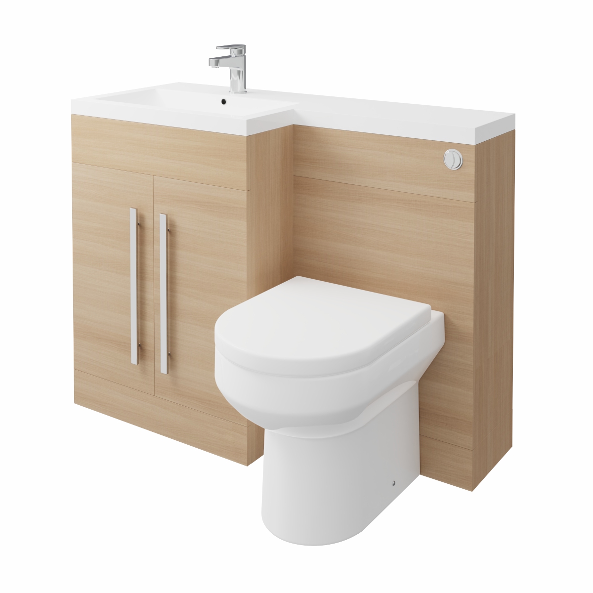 Calm Light Oak Left Hand Combination Vanity Unit Basin L Shape with Back to Wall Calgary Toilet & Soft Close Seat & Concealed Cistern - 1100mm