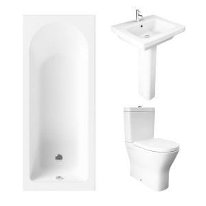 Essentials 1600 x 700mm Straight Bath Single Ended Bathroom Suite with RAK-Resort Maxi Close Coupled Closed Back Rimless Toilet and 550mm Full Pedestal Basin