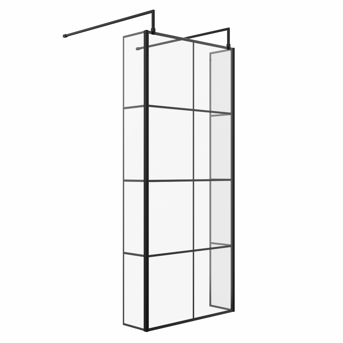 Wasdale 900mm Black Grid Walk Through Wet Room Screen with 215mm Hinged Return Screens & L- Shape Support Arms