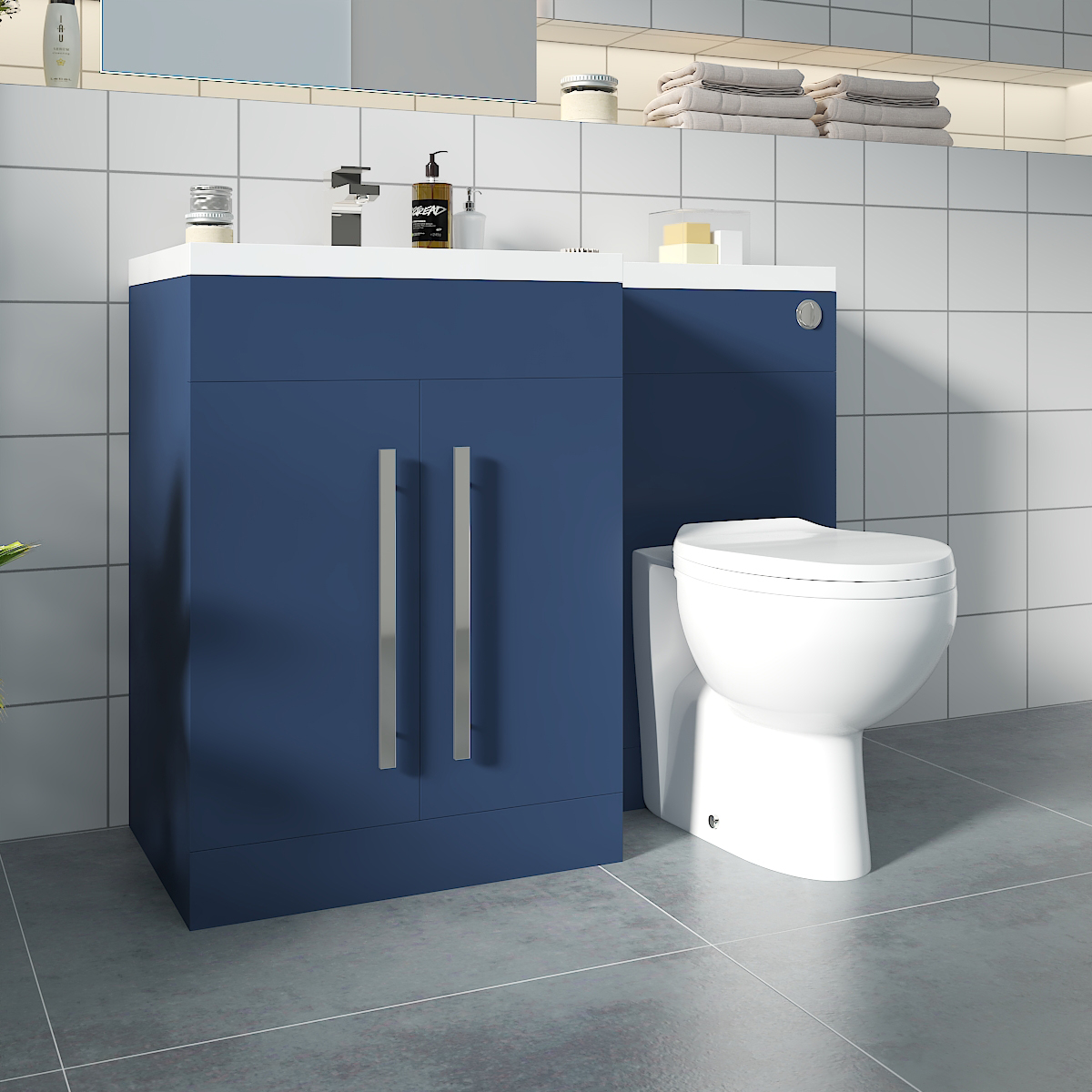 Calm Matt Blue Left Hand Combination Vanity Unit Basin L Shape with Back to Wall Splash Toilet & Soft Close Seat & Concealed Cistern - 1100mm