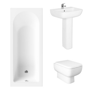 Essentials 1600 x 700mm Straight Bath Single Ended Bathroom Suite with RAK-Series 600 Rimless Wall Hung Toilet and 520mm Short Projection Full Pedestal Basin - Including Bath Panels