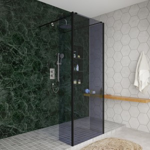 Wasdale 760mm Black Smoked Walk Through Wet Room Screen with 300mm Hinged Return Screens