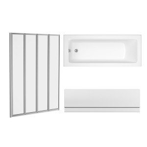 Sawley 1500 x 700mm Straight Bath Single Ended with Front Panel and Chrome Folding Bath Screen