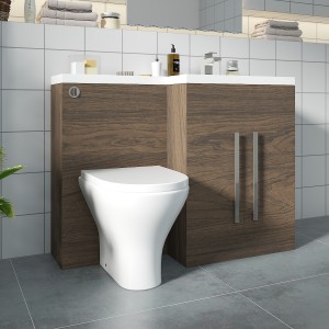 Calm Walnut Right Hand Combination Vanity Unit Basin L Shape with Back to Wall Fresh Curved Toilet & Soft Close Seat & Concealed Cistern - 1100mm