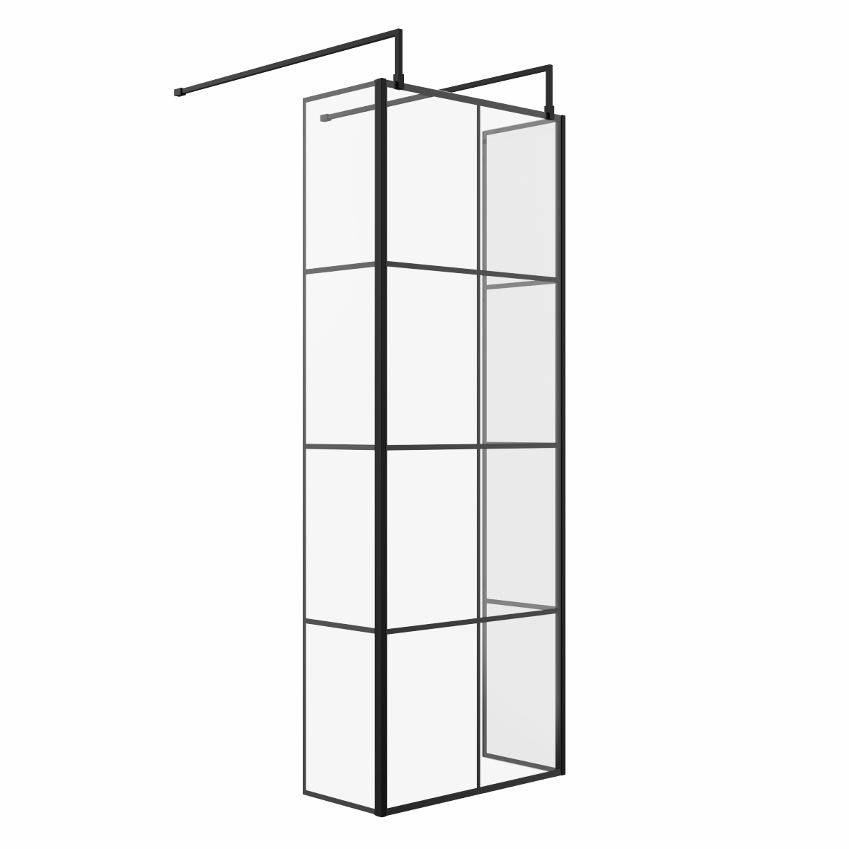 Wasdale 760mm Black Grid Walk Through Wet Room Screen with 300mm Hinged Return Screens & L- Shape Support Arms