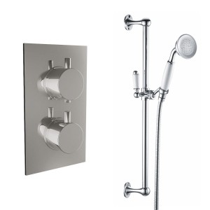 Melrose Traditional Chrome Twin Round Concealed Valve with Traditional Riser Rail (1 Outlet)