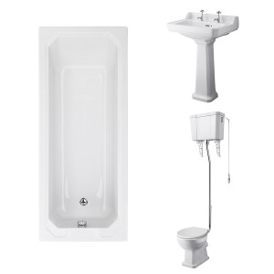 Wellington High Level Toilet with White Seat & 600mm 2 Tap Hole Basin with 1700 x 700mm Traditional Straight Bath Single Ended