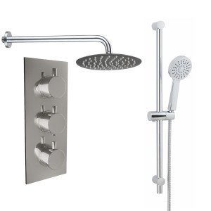 Thurso Chrome Triple Round Handle Concealed Valve with 300mm Round Shower Head and Chrome Riser Rail Kit (2 Outlet)