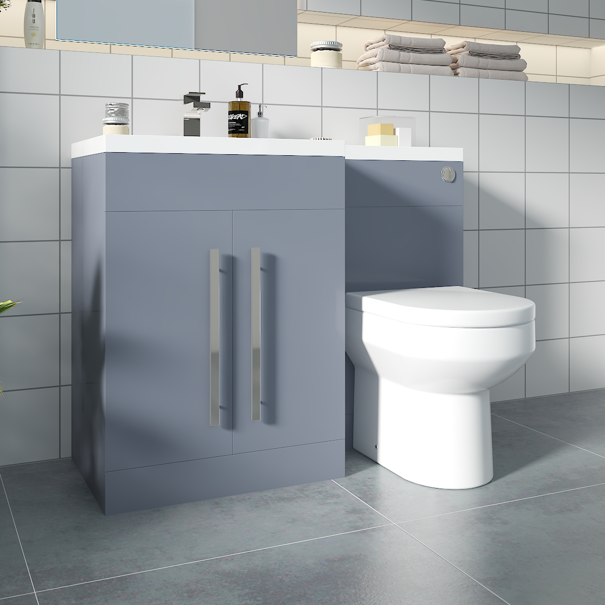 Calm Gloss Grey Left Hand Combination Vanity Unit Basin L Shape with Back to Wall Calgary Toilet & Soft Close Seat & Concealed Cistern - 1100mm