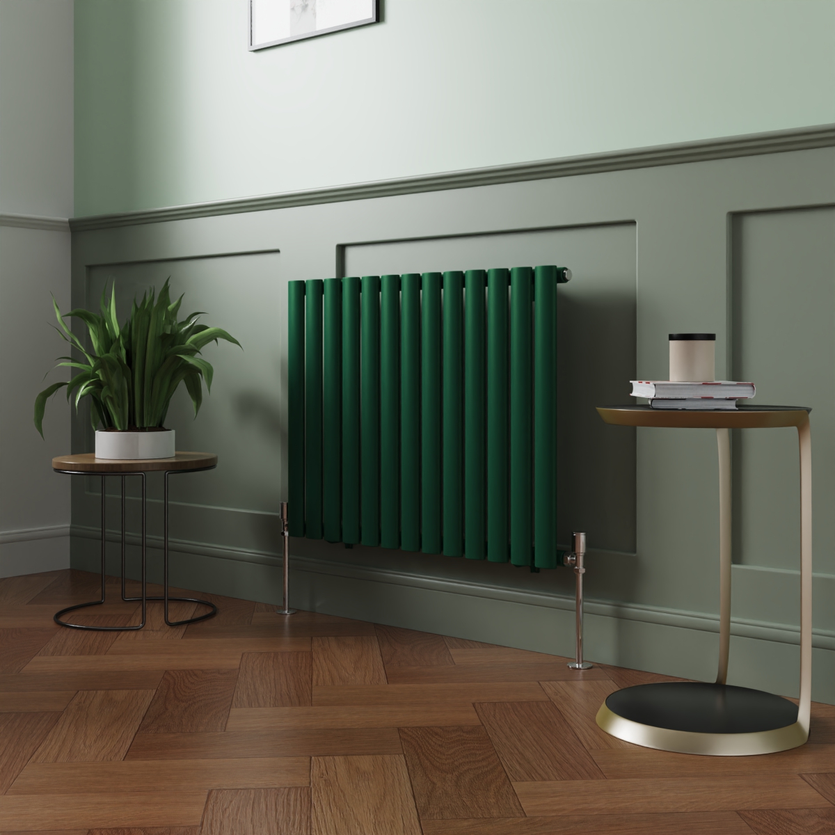 Norden 600 x 768mm Moss Green Single Oval Column Horizontal Designer Radiator