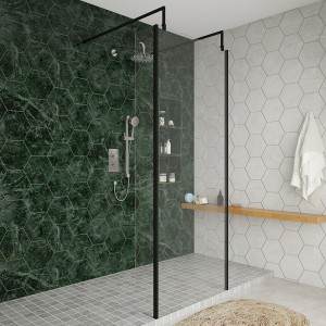Wasdale 800mm Black Walk Through Wet Room Screen with 215mm Hinged Return Screens & L- Shape Support Arms