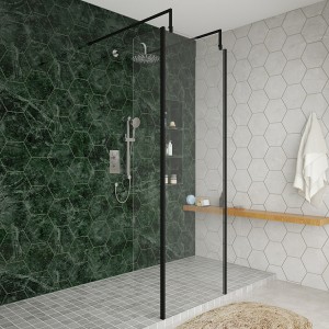 Wasdale 700mm Black Walk Through Wet Room Screen with 300mm Hinged Return Screens & L- Shape Support Arms