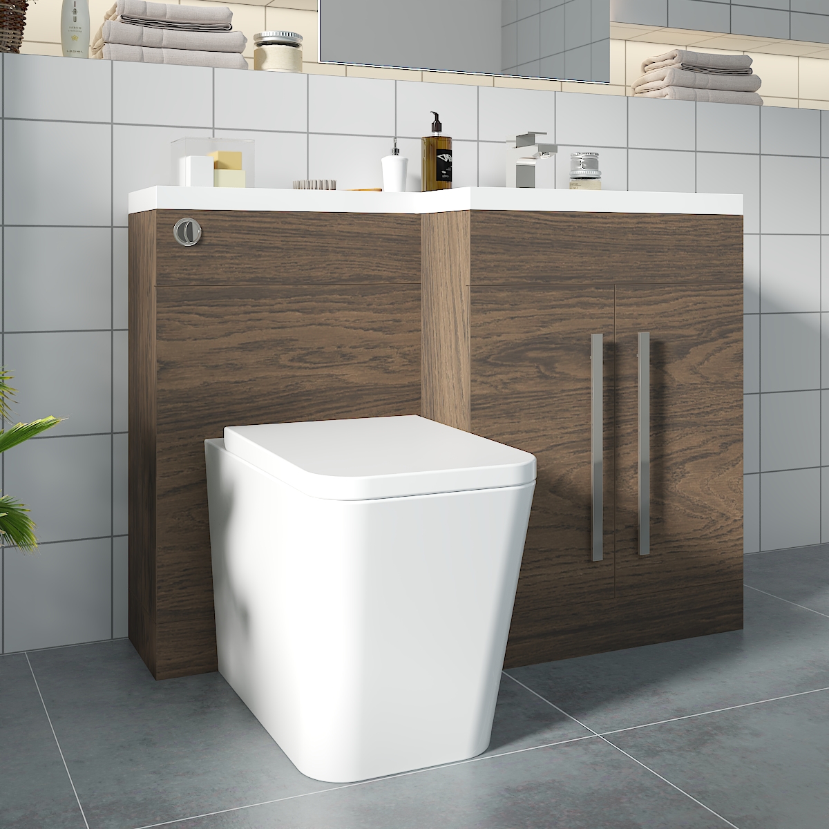 Calm Walnut Right Hand Combination Vanity Unit Basin L Shape with Back to Wall Cordoba Square Toilet & Soft Close Seat & Concealed Cistern - 1100mm