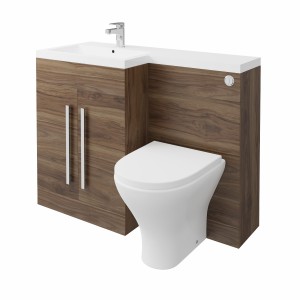 Calm Walnut Left Hand Combination Vanity Unit Basin L Shape with Back to Wall Fresh Curved Toilet & Soft Close Seat & Concealed Cistern - 1100mm