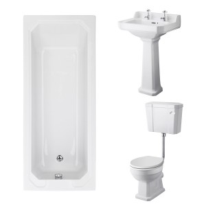Wellington Low Level Toilet with White Seat & 560mm 2 Tap Hole Basin with 1700 x 700mm Traditional Straight Bath Single Ended