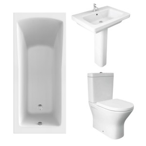 RAK Resort Mini Closed Back Toilet with 650mm Basin Modern Bathroom Suite and Single Ended Bath with Front Panel - 1600 x 700mm