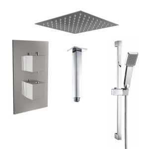 Beauly Chrome Twin Square Handle Concealed Valve Built in Diverter with 400mm Square Shower Head, Riser Rail and Ceiling Arm (2 Outlet)