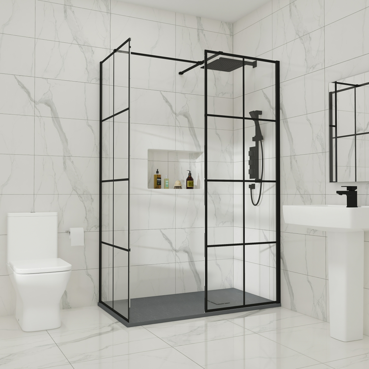 Wasdale 900mm Wet Room Screen with 800mm Wet Room Screen - Black Grid