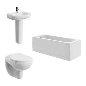 Splash Bathroom Suite with Wall Hung Toilet and Essential Single Ended Bath 1700 x 700mm - Front & End Bath Panel Included