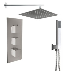 Beauly Chrome Triple Square Handle Concealed Valve Built in Diverter with 400mm Square Shower Head and Hand Shower (3 Outlet)